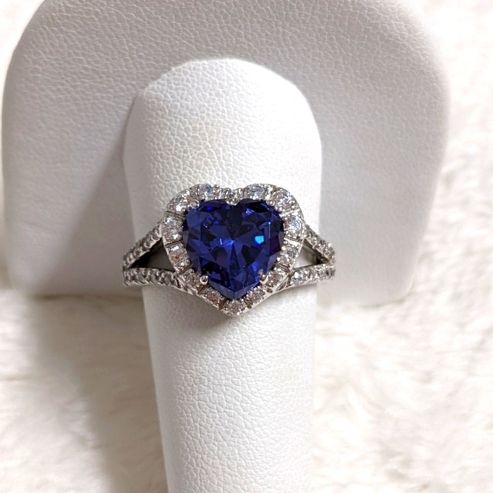 NWOT Heart Shaped Simulated Sapphire & Cubic Zirconia, Sterling Silver Ring - Picture 3 of 14